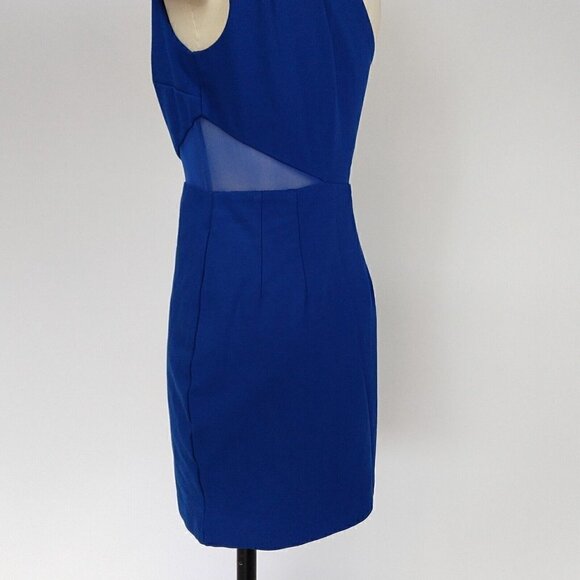 Halston Heritage Blue Mesh Inset One Shoulder Mini Dress Size M Bodycon New Year - Picture 8 of 14